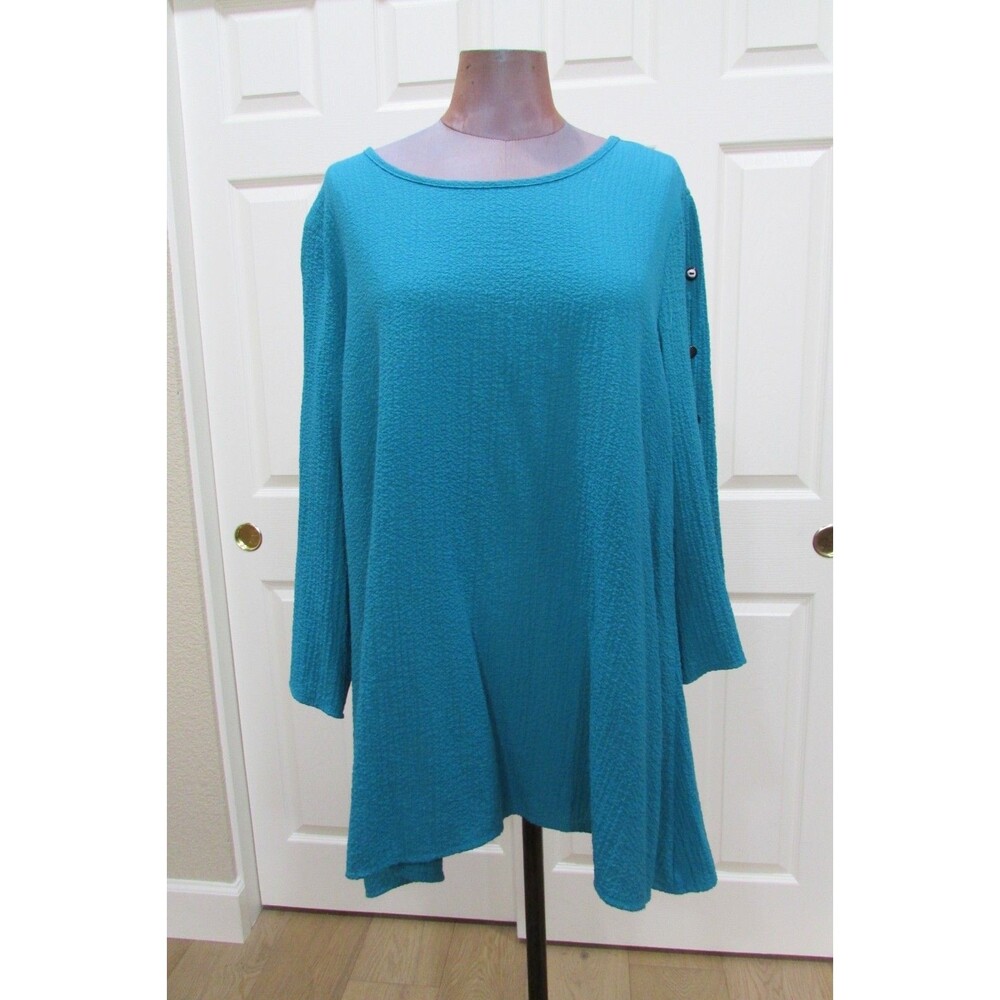 YUSHI LIGHTWEIGHT COTTON PEBBLE BLEND TURQUOISE/BLACK BUTTONS TUNIC/TOP M